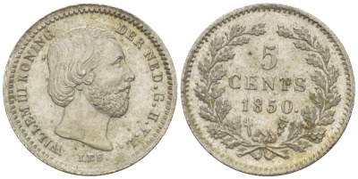 Нидерланды 5 центов 1850 Виллем III (1849-1890), точка после даты KM 91 серебро aUNC 66-1222