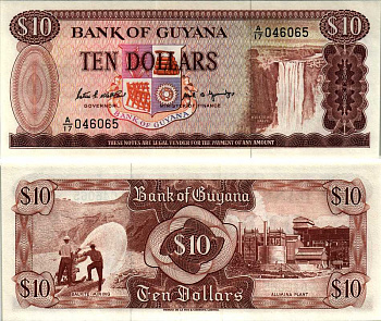 ГАЙАНА 10 ДОЛЛАРОВ 1989 ПОДПИСЬ 7, ВОДОПАД КАЙЕТУР Pick 23d бумага UNC (ПРЕСС) 8606-49-3-1