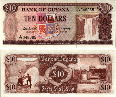 ГАЙАНА 10 ДОЛЛАРОВ 1989 ПОДПИСЬ 7, ВОДОПАД КАЙЕТУР Pick 23d бумага UNC (ПРЕСС) 8606-49-3-1