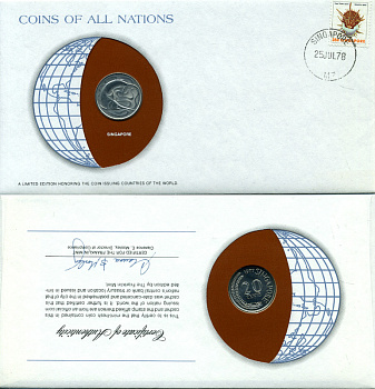 СИНГАПУР 20 ЦЕНТОВ 1977 ГОЛУБОЙ МАРЛИН, ТУНЕЦ, конверт с маркой первого дня гашения, Coins of Nations KM 4 медно-никель UNC 4294-48-1