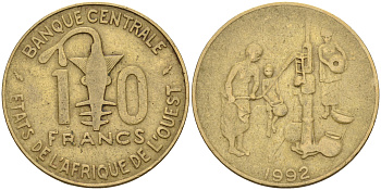 Валютное сообщество стран Западной Африки 10 франков 1992 FAO KM 10 латунь    4595-721