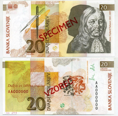 Словения 20 толаров 1992 Янез Вайкард Вальвазор, SPECIMEN, образец Pick 12 s бумага UNC (пресс) 451-366-3