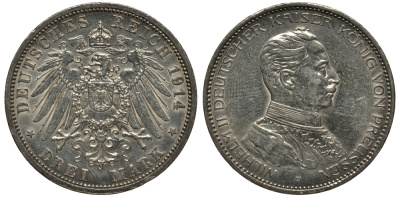 Пруссия 3 марки 1914 Вильгельм II (1888-1918) в мундире KM 538, J.113 серебро 3711-614