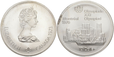 Канада 10 долларов 1973 XXI летние Олимпийские игры в Монреале 1976 года, вид на город KM 87 серебро UNC 1525-431