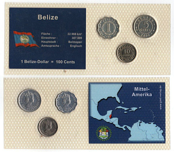 Белиз набор из 3 монет (1, 5 и 10 центов) 2000, 2006 и 2007 в красочной упаковке с информацией о стране KM 33a, 34a и 35 UNC 2-4-2-87