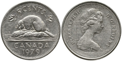 КАНАДА 5 ЦЕНТОВ 1979 ЕЛИЗАВЕТА II (1952-), БОБР, ВТОРОЙ ПОРТРЕТ В КОРОНЕ KM 60.2 никель 4543-651