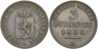 РЕЙС-ШЛАЙЦ 3 ПФЕННИГА 1858 А KM 70 медь 65-734