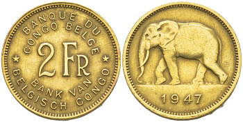 Бельгийское Конго 2 франка 1947 слон KM 28 латунь 4541-1042