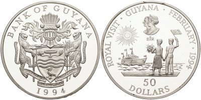 Гайана 50 долларов 1994 королевский визит в Гайану, в оригинальной коробке KM 48 серебро PROOF 00-00