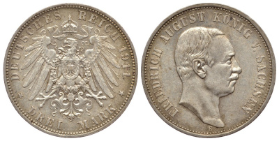 Саксония 3 марки 1911 E, Фридрих Август III (1904-1918) Weege 132, J. 135, KM 1267 серебро 413-5114