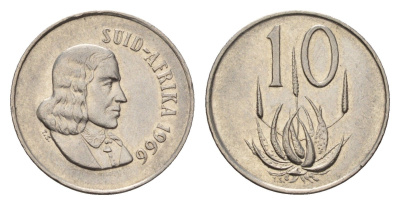 ЮАР 10 центов 1966 Ян ван Рибек (1619-1677), Suid Africa, легенда на африкаанс, цветок алоэ KM 68.2 никель 4687-335