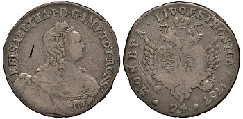 Россия для Пруссии, ливонез 24 копейки 1757 гурт узорчатый, из коллекции Л. Содермана с оригинальной биркой Биткин 636 серебро 00-000-00