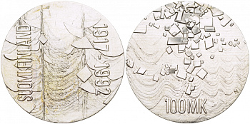Финляндия 100 марок 1992 75 лет независимости KM 71 серебро UNC 1515-1134