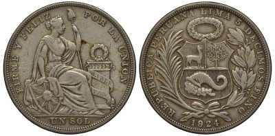 Перу 1 соль 1924 (824) KM 218.1 серебро 272-725
