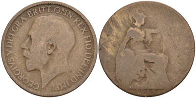 Великобритания 1/2 пенни 1915 Георг V (1910-1936) KM 809, Spink 4056 бронза 4126-737
