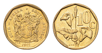 ЮАР 10 центов 1993 герб, цветок алоэ KM 135 сталь плакированная бронзой UNC 4694-658