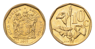 ЮАР 10 центов 1993 герб, цветок алоэ KM 135 сталь плакированная бронзой UNC 4694-658