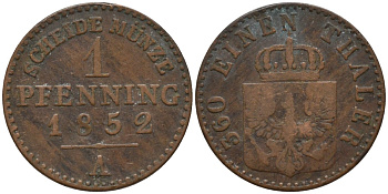 Пруссия 1 пфенниг 1852 A, Фридрих Вильгельм IV (1840-1861) KM 451 медь 4549-1026
