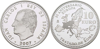 Испания 10 евро 2007 M, 50 лет Римскому договору KM 1135 серебро  PROOF   11-040-24