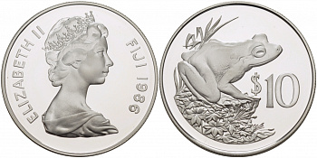 Фиджи 10 долларов 1986 серия 25 лет защиты окружающей среды, фиджийская земляная лягушка KM 55 серебро PROOF 00-000-00
