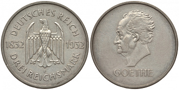 Германия 3 марки 1932 F, 100 лет со дня смерти Иоганна Вольфганга фон Гёте J. 350, KM 76 серебро aUNC 00-814-80