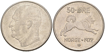 Норвегия 50 эре 1972 Улаф V (1957-1991), собака KM 408 медно-никель 4571-411