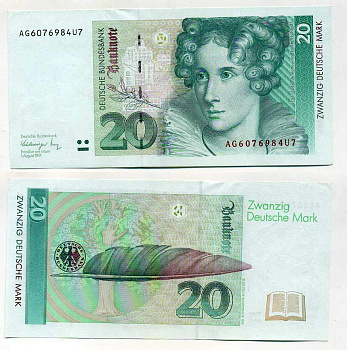 ФРГ 20 МАРОК 1991 ПОДПИСЬ SCHLESINGER-TIETMEYER Pick 39a бумага UNC (ПРЕСС) 6287-34-1