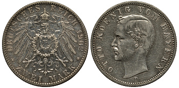 Бавария 2 марки 1902 D, Отто (1886-1913) Weege 44, J. 45, KM 511 серебро 413-3421