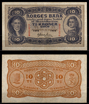 Норвегия 10 крон 1943 Вильгельм Фриман Корен Кристи (1-й председатель норвежского парламента) Pick 8 c бумага 451-1228-2