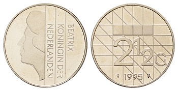 Нидерланды 2 1/2 гульдена 1995 Беатрикс (1980-2013), редкий год KM 206 никель UNC 4367-634