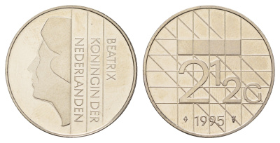 Нидерланды 2 1/2 гульдена 1995 Беатрикс (1980-2013), редкий год KM 206 никель UNC 4367-634