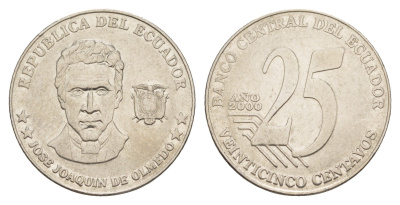 Эквадор 25 сентаво 2000 KM 107 нержавеющая сталь 4641-555
