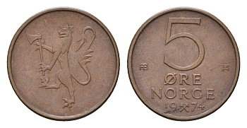 Норвегия 5 эре 1974 Улаф V (1957-1991) KM 415 бронза 4702-264