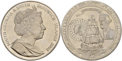 Южная Георгия и Южные Сандвичевы Острова 2 фунта 2003 PM, 275 лет со дня рождения Джеймса Кука KM 18 медно-никель UNC 4125-813