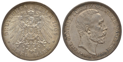 Шварцбург-Зондерсгаузен 3 марки 1909 A, на смерть Карла Гюнтера (1880-1909) Weege 166, J. 170, KM 154 серебро 00-812-02