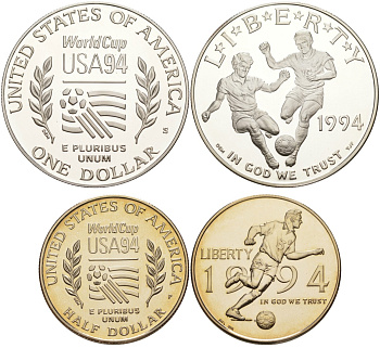 США набор из 2 монет 1994 S, чемпионат мира по футболу в США, 1 доллар и 50 центов, в оригинальной коробке, сертификат KM 246, 247 серебро, медь плакированная медно-никелем PROOF 00-00