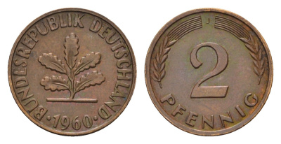 ФРГ 2 пфеннига 1960 J KM 106, J. 381 бронза 4682-1059