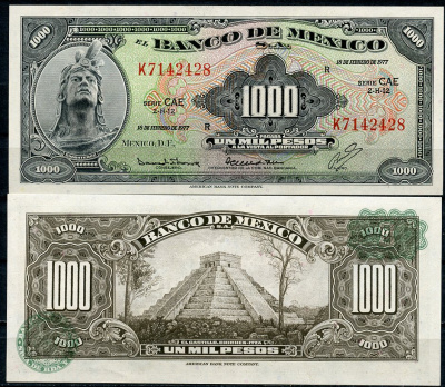 Мексика 1000 песо 1977 Куаутемок, Чичен-Ица Pick 52 t  бумага  UNC (пресс) 451-452-2