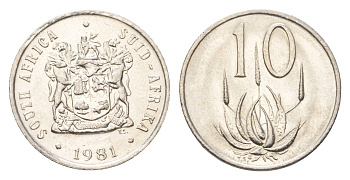 ЮАР 10 центов 1981 герб, цветок алоэ KM 85 никель aUNC 4694-615