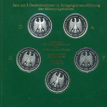 ФРГ набор из 5 штук по 10 марок 2000 A, D, F, G, J, Карл Великий, кафедральный собор в Ахене KM 200 серебро PROOF 6-5-2-8