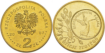 Польша 2 злотых 2007 MW, серия история польского злотого, Ника KM 592 нордик UNC 4676-433