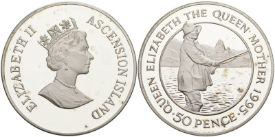 Остров Вознесения 50 пенсов 1995 95 лет со дня рождения Королевы Матери, на рыбалке, вес 56,36 гр., пьедфорт, тираж 500 экземпляров KM P1 серебро PROOF 11-080-41