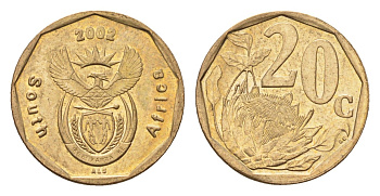 ЮАР 20 центов 2002 герб, цветок протея KM 270 сталь плакированная бронзой UNC 4687-543