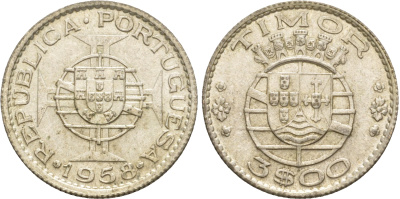 Португальский Тимор 3 эскудо 1958  KM 14 серебро  aUNC 4635-845
