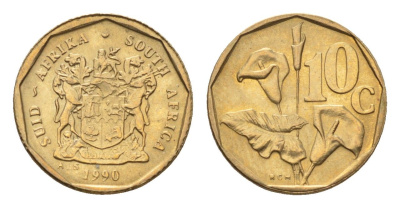 ЮАР 10 центов 1990 герб, цветок алоэ KM 135 сталь плакированная бронзой UNC 4694-635