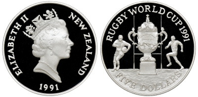 Новая Зеландия 5 долларов 1991 чемпионат по регби среди стран Содружества, с сертификатом KM 80а серебро PROOF 4-3-3-31