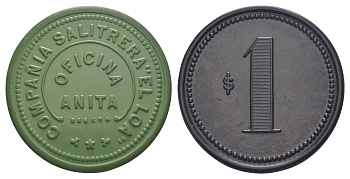 Чили, Анита (Anita), Антофагаста шахтерский жетон с Селитряного рудника для покупки в местных магазинах, номиналом в 1 песо 1880-1920 диаметр 45,5 мм, вес 6,69 гр Espinosa 20.2 эбонит (зеленый) 1094-11-21