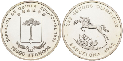 Экваториальная Гвинея 15000 франков 1992 олимпийские игры в Барселоне 1992 года, прыжки на лошади с барьерами KM 74а серебро PROOF 11-326-32