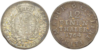 САКСОНИЯ 1/12 ТАЛЕРА 1764 EDC, ФРИДРИХ АВГУСТ III (1763-1806) KM 956 (C100) серебро 210-223