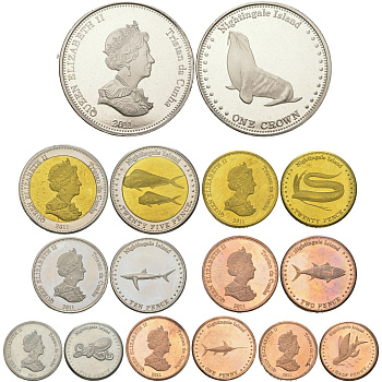 Тристан-да-Кунья набор из 8 монет (1/2, 1, 2, 5, 10, 20 и 25 пенни (пенсов); 1 крона) 2011 Летучая Рыба, рыба-меч, тунец, осьминог, акула, сельдяной король, большая корифена, субтропический морской котик (остров Найтингейл) KM 1n, 2n, 3n, 4n, 5n, 6n, 7n и